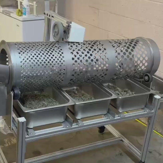 Groen Automation Drum Sorter DS100 in action – Demonstrating multi-stage cannabis bud sorting by size and weight, gently separating A, B, C grade flowers and trim with precision rotation. Ideal for craft growers seeking uniform grams, trichome preservation, and reduced labor.