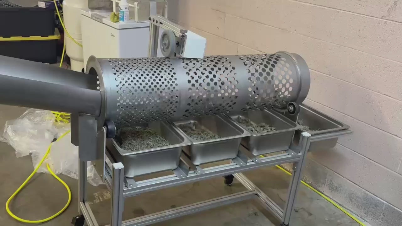 Groen Automation Drum Sorter DS100 in action – Demonstrating multi-stage cannabis bud sorting by size and weight, gently separating A, B, C grade flowers and trim with precision rotation. Ideal for craft growers seeking uniform grams, trichome preservation, and reduced labor.